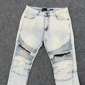 WAIMEA Pants Size 34Wx32L Skinny Fit Light Wash Moto Jeans with Zippers Men's